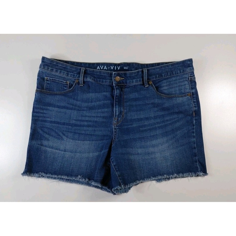 Women Ava & Viv Midi Cut Off Raw Edge Cuff Jean Shorts 18W Super Stretch Fringe